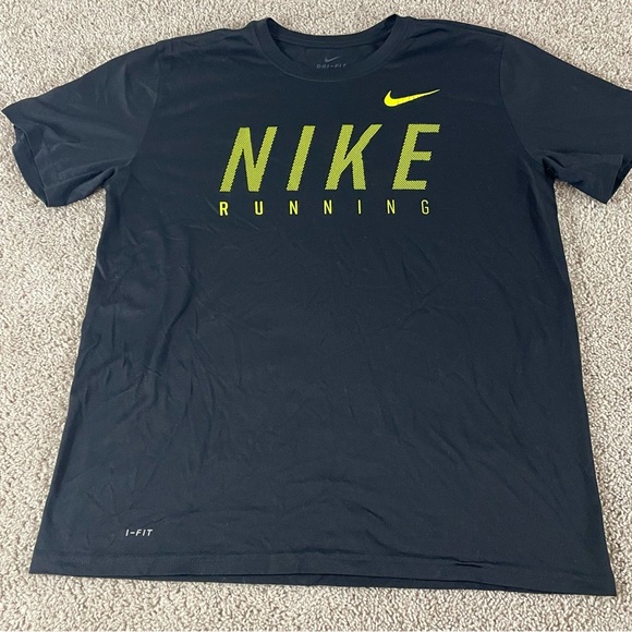 Nike T-Shirt Men’s Large Black Neon Yellow  Dri-FIT Graphic Running Tee E128 - Picture 1 of 7